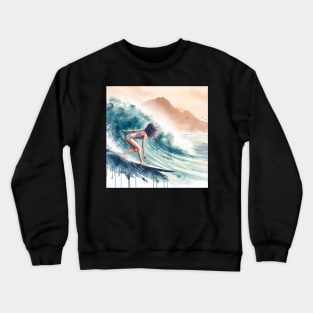 Abstract looking illustration of a woman surfing in a bikini in tropical waters. Crewneck Sweatshirt